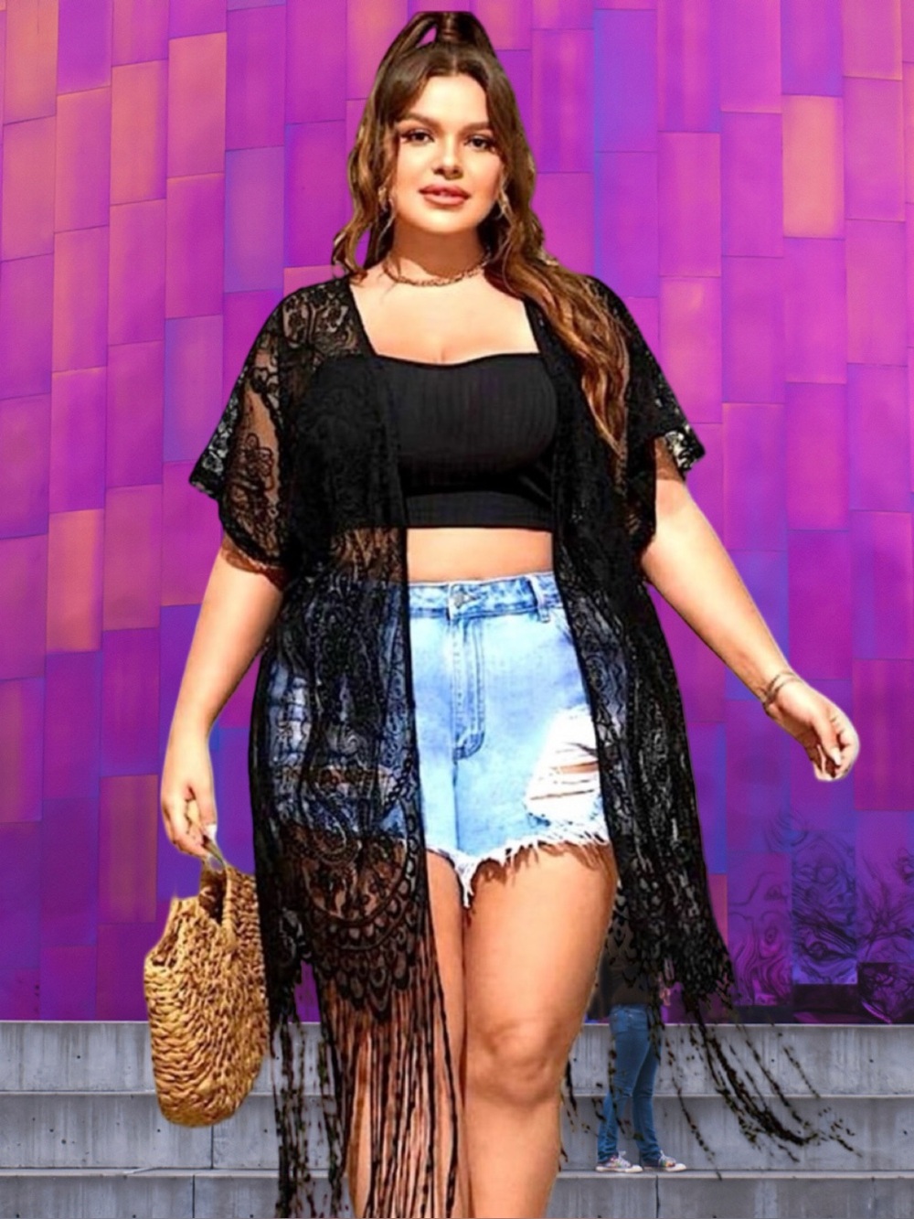 🆕Boutique Women’s plus-size Black Lace Fringe Swim Coverup Kimono❤️❤️3X